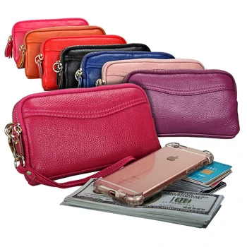 

2018 Women Wallet New Designer Real Cow Leather Wallet Female Long Purse Double Zipper Phone Hand Bags with Wristband 17.5cm