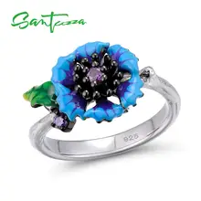Серебряное кольцо для женщин SANTUZZA, 925 пробы, серебряное, фантастическое, синее, цветочное кольцо с ромашками, модное ювелирное изделие ручной работы, эмаль