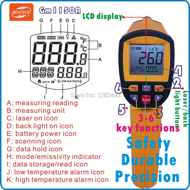 

GM1150A infrared IR thermometer with industrial measuring instrument 1150 degrees melting point apparatus temperature test