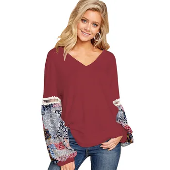 

Sexy V Neck Hollow Out Floral Latern Sleeve Blouse for Women Elegant Ladies Casual Loose Patchwork Tops and Blouses Plus Size