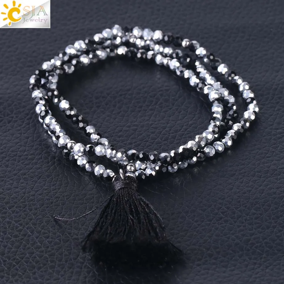 

CSJA Boho Fringed Tassel Tiny Faceted Crystal Bracelet Multilayer Friendship Bracelets Handicraft Jewelry Pulsera Elastic S117