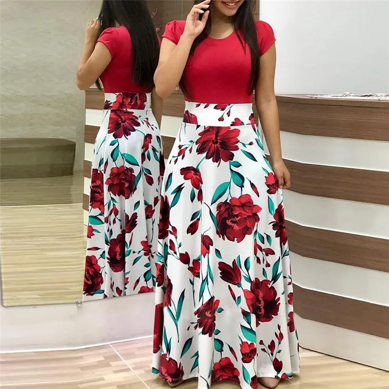 

Summer 2019 Summer Long Dress Women's Short Sleeve Casual Party Dress Beach Bohemian & Printed Dress -A66