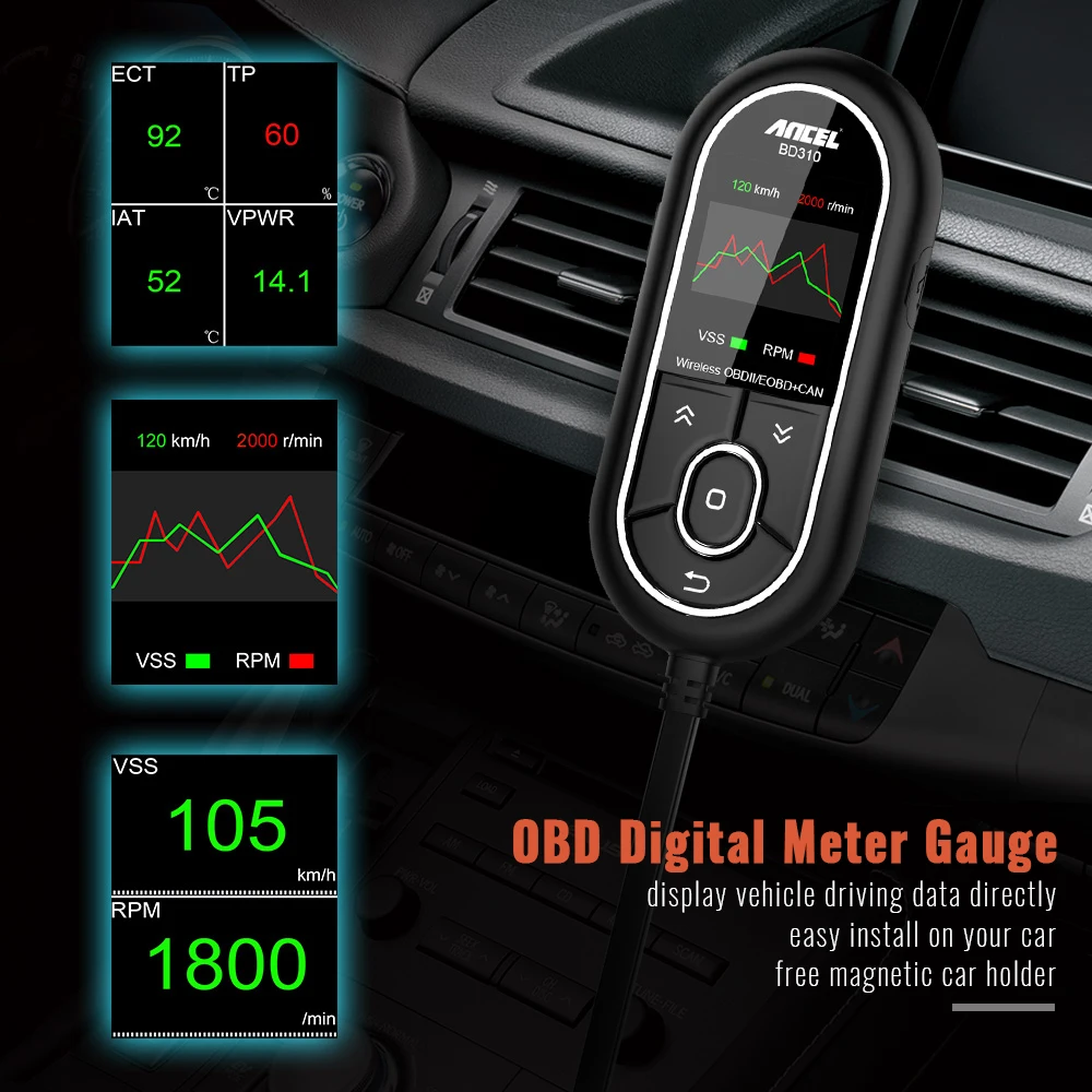 ANCEL BD310 OBD2 сканер Bluetooth 3 в 1 бортовой компьютер для автомобиля цифровой измеритель