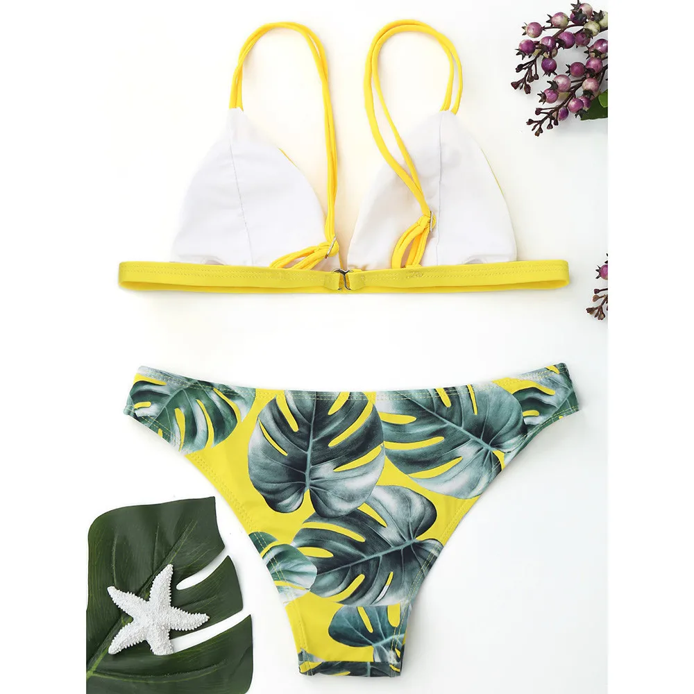 Сексуальный купальник бикини, 5 цветов, женское бикини с принтом листьев, пуш-ап, мягкий купальник, низкая талия, купальный костюм, пляжная одежда