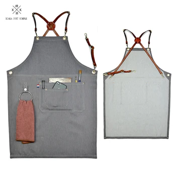 

Grey denim bib apron Leather Strap Straps Barista/Bartender/Stylist Hairdresser/Waiter/Florist/Painter/Gardener/Craft workshop