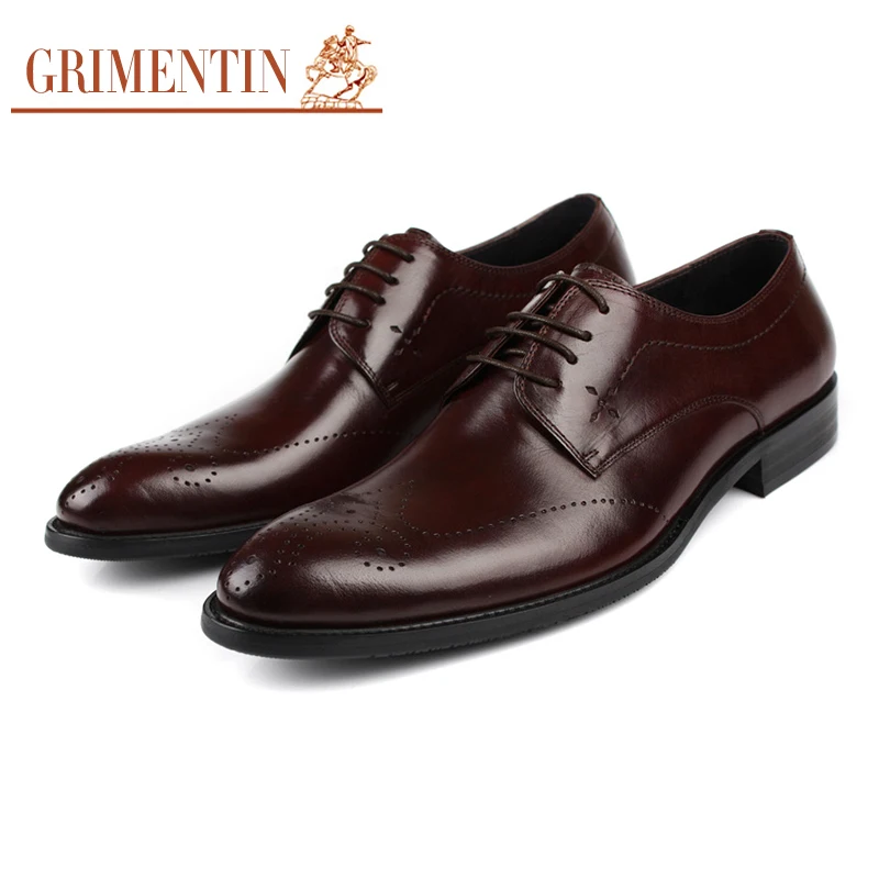 

GRIMENTIN Fashion Designer Mens Dress Shoes Genuine Leather Carved Vintage Brand Italian Flat Shoes For Wedding 3Z48