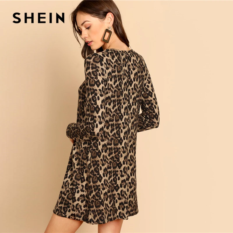 SHEIN Повседневное Платье С Леопардовым Принтом Длинным Рукавом И Круглым