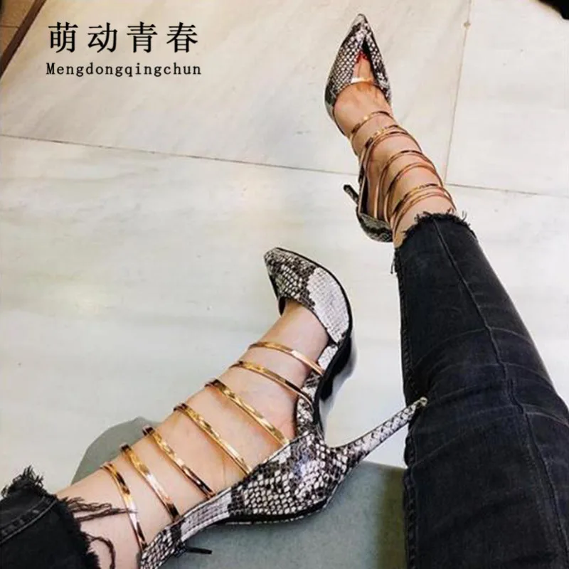 

Women Sandals Fashion Hollow Out High Heels Sandals Pointed Toe Snake Print Ankle Wrap Summer Boots Women Sexy Dress Party Pumps