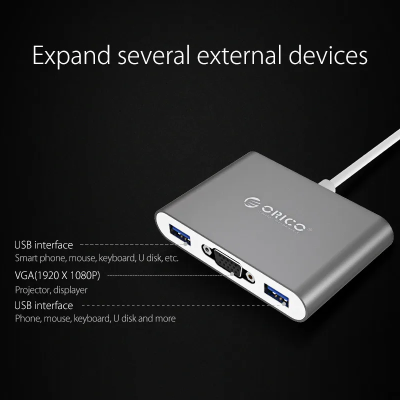 ORICO RCV3A алюминиевый концентратор с тип-c для VGA/тип-c/тип-a конвертер USB3.1 Gen1 5 Гбит/с 3 USB3.0 портами для Mac/Windows/Linux