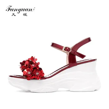 

fanyuan women sandals Cow leather buckle strap silver color crystal wedges heel high heels beaches sandals party size 42