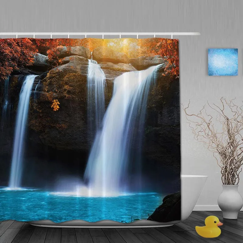 Natural Landscape Bathroom Shower Curtains Autumn Waterfall Shower