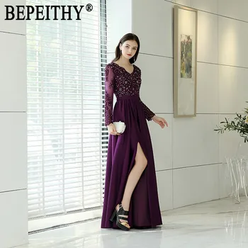

BEPEITHY Vestido De Festa New Arrival Elegant Lace Beads V-Neck Purple Satin Sash Sexy Slit Long Sleeve Evening Dresses 2019