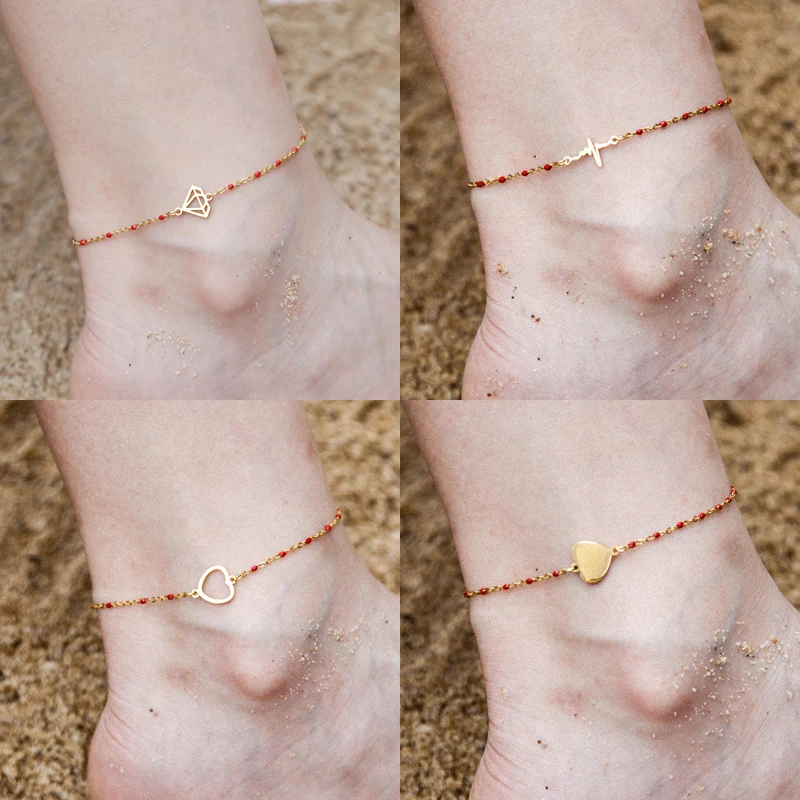 Fashion Colorful Stainless Steel Anklet Women's Beads Gold Pendant Barefoot Sandals Beach Bracelet Foot Jewelry Accessories