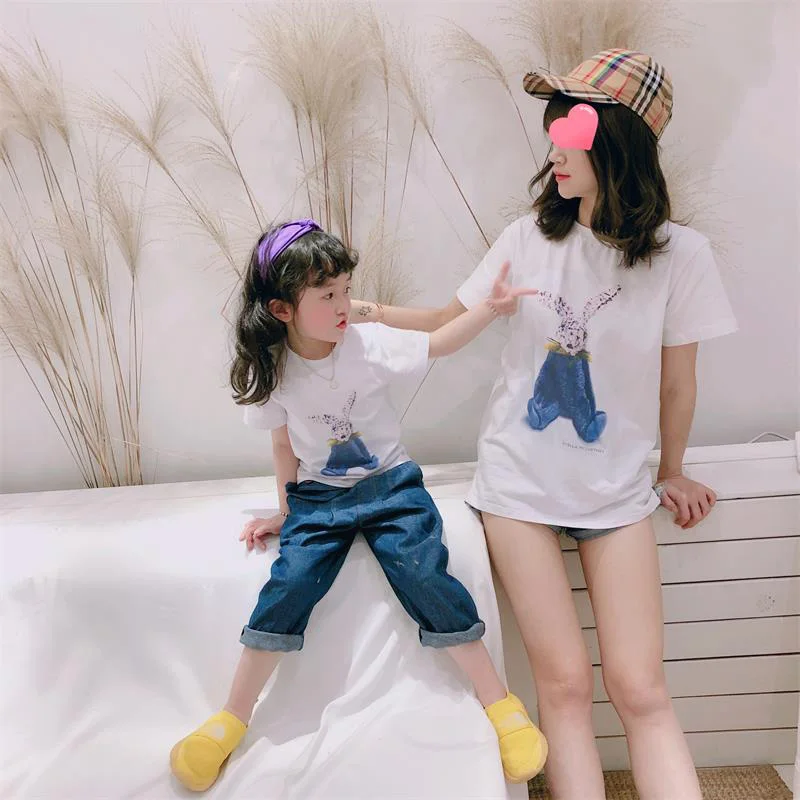 Cute Rabbit Printed Tees Summer T-shirts Family Matching Clothes Father Mother Girls Boys Kids Adult Gifts Mommy Dad White Tops