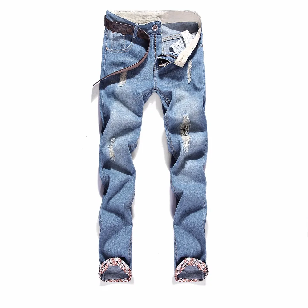 

2019 New Blue Ripped Jeans Men With Holes Denim Super Skinny Famous Designer Brand Slim Fit Jean Pants Scratched Biker Jeans 011