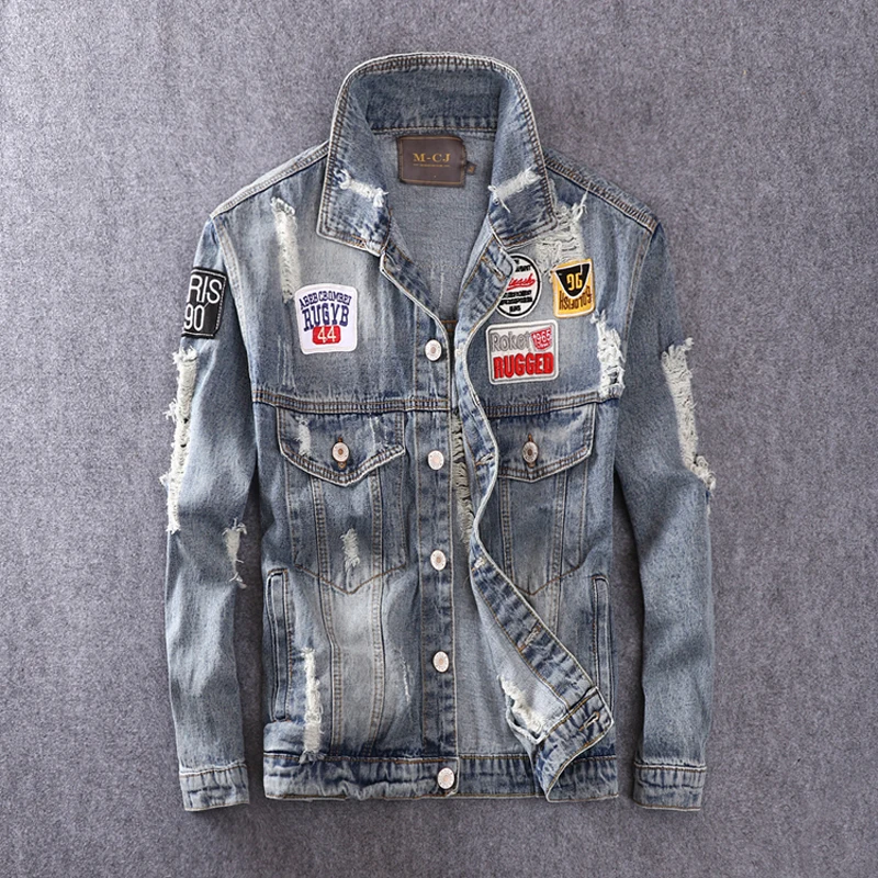 

American Street Style Fashion Men Jacket Retro Blue Destroyed Patches Designer Ripped Coats Streetwear Hip Hop Denim Jackets Men