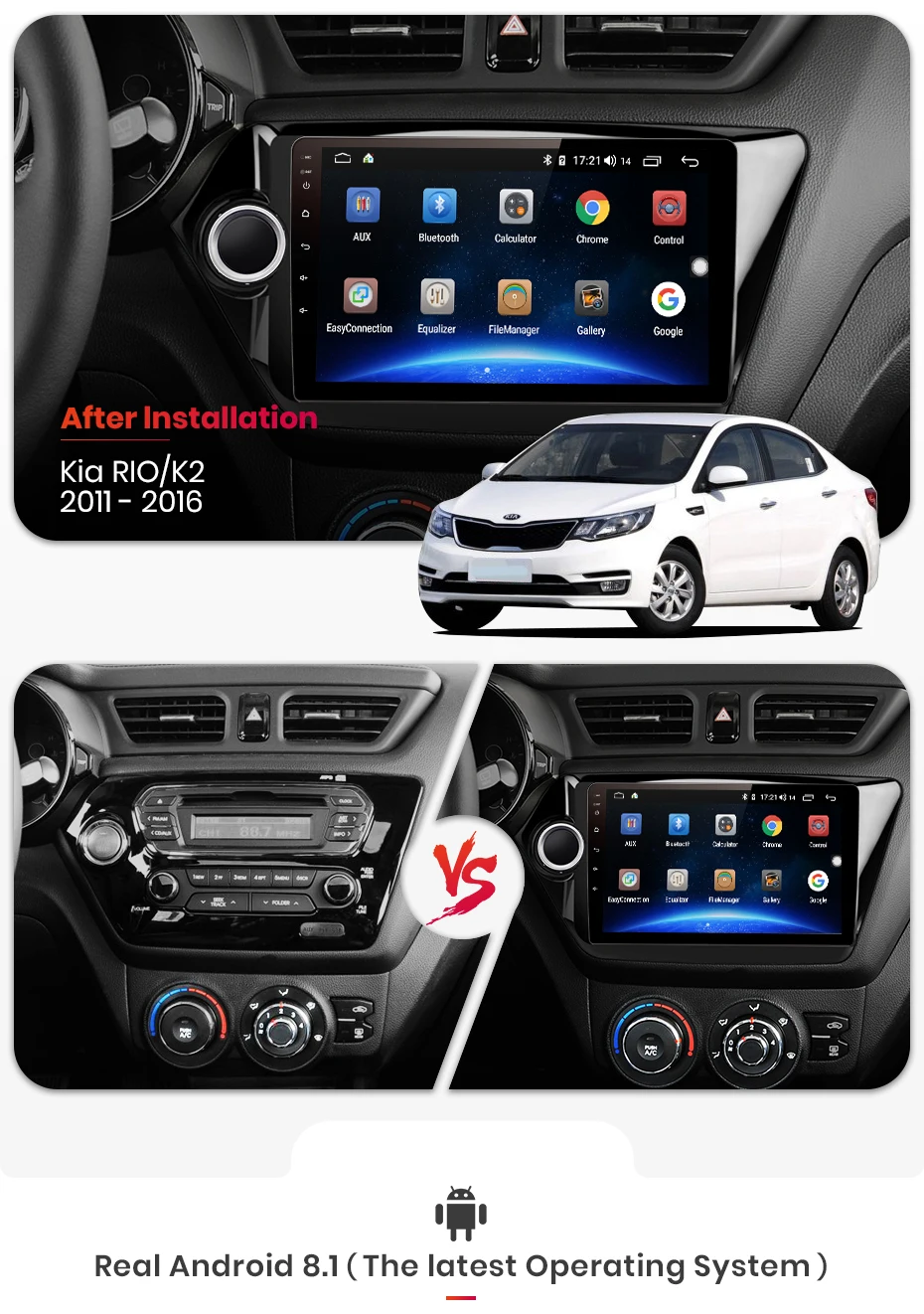 Excellent AWESAFE 2 Din 4G+64G CarPlay DSP Android 8.1 Car Multimedia Player GPS Stereo Audio Rear view camera For KIA RIO 3 2016 no DVD 4