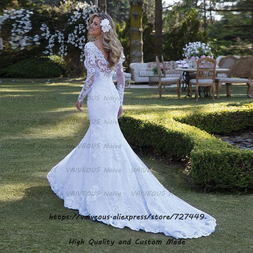 

Sexy Mermaid Long Sleeve Wedding Dress Robe Mariee Luxury Lace Beaded Wedding Gown 2019 Bride Dress Custom Made Vestido De Noiva