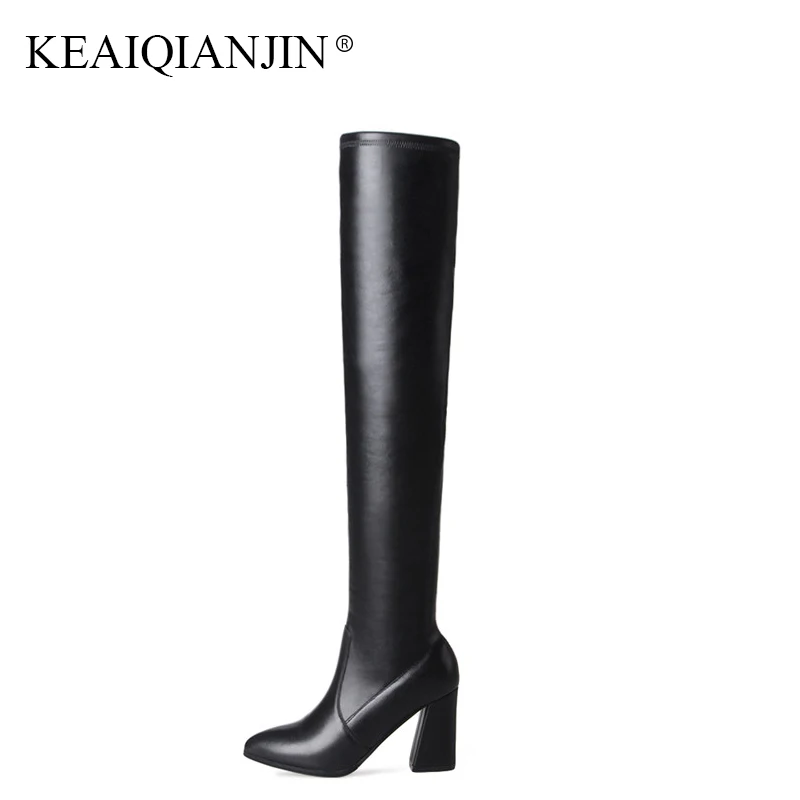 

KEAIQIANJIN Woman Genuine Leather Chelsea Over The Knee Boots Autumn Winter High Heeled Shoes Plus Size 33 41 Knee High Boots