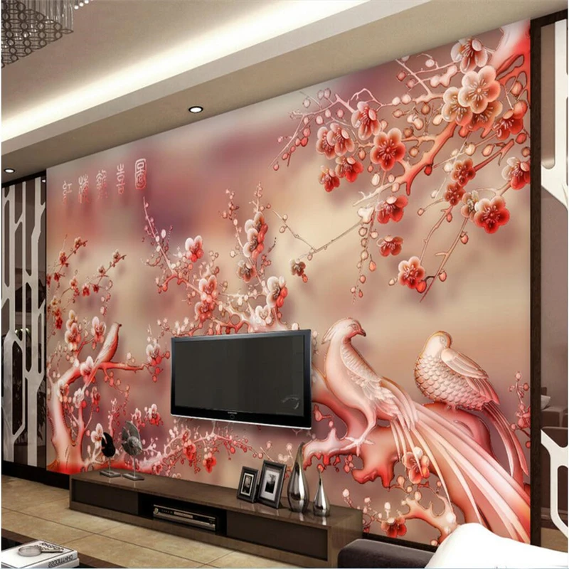 beibehang Custom frescoes any size jade carved red plum hi news TV sofa background wall paper wallpapers for living room | Обустройство