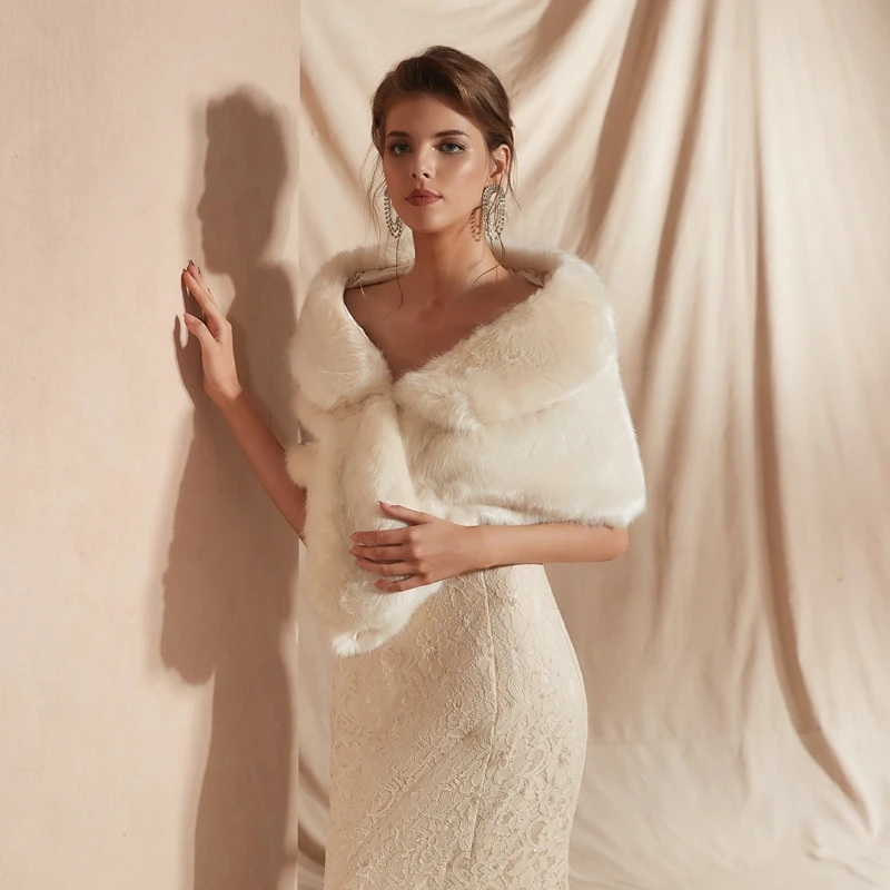 In Stock Ivory white  Fur Shawl Wedding Wrap For Formal Dress Cheongsam Married Outerwear Bridal Cape Autumn Winter Jacket