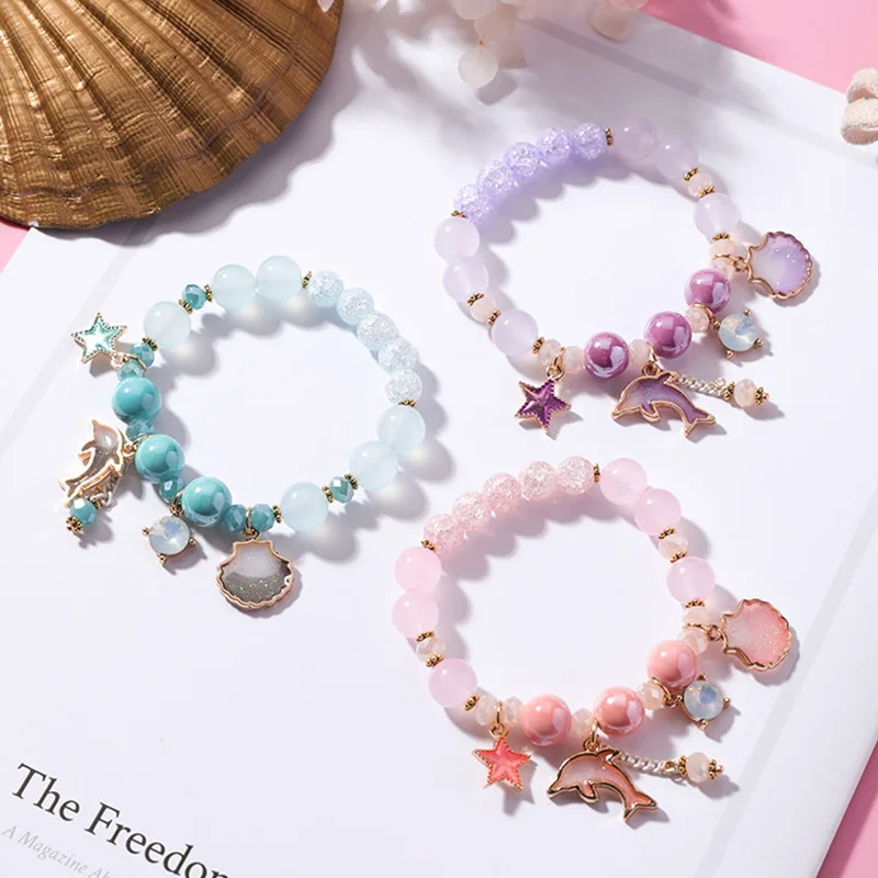 

Korean Sweet Marine Dolphin Shell Flower Charm Bracelet Crystal Beads Bracelets for Women Beach Holiday Fashion Jewelry