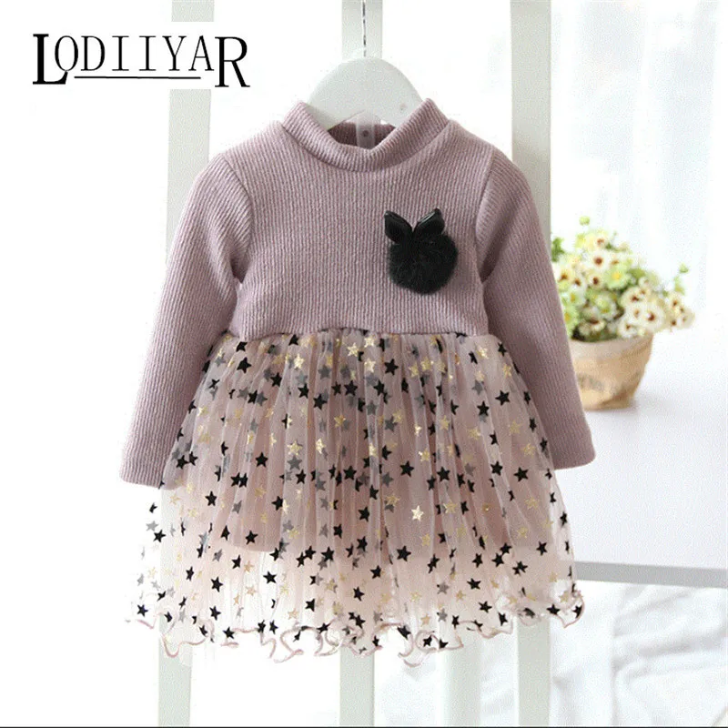 Girls Dress O-neck Long Sleeve Winter Girl Dresses Star & Rabbit Volie Baby Kids Clothes Party Wedding Evening Dress