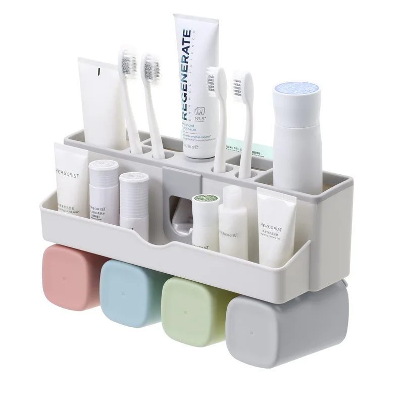 

toothpaste cup holder toothbrush commodity shelf toilet requisites self-motion toothpaste dispenser squeezer Absorption wall