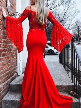

Elegant Red Evening Dress Long Mermaid Prom Dresses With Lace Fitted Arabic Women Formal Wear Party Dresses 2019 Plus Size