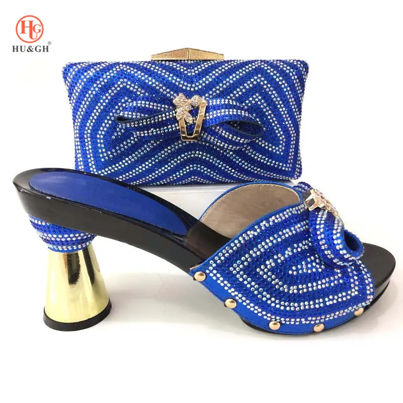 

2018 Royal Blue Color Rhinestone Italian Shoes And Bag Set Summer open Toe Slipper African Shoes And Bag Set For Women Wedding