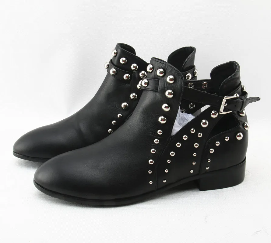

Punk Style Leather Ankle Boots Women Pointed Toe Motorcycle Boots Bead Rivet Low Heels Black Buckle Strap Short Boots