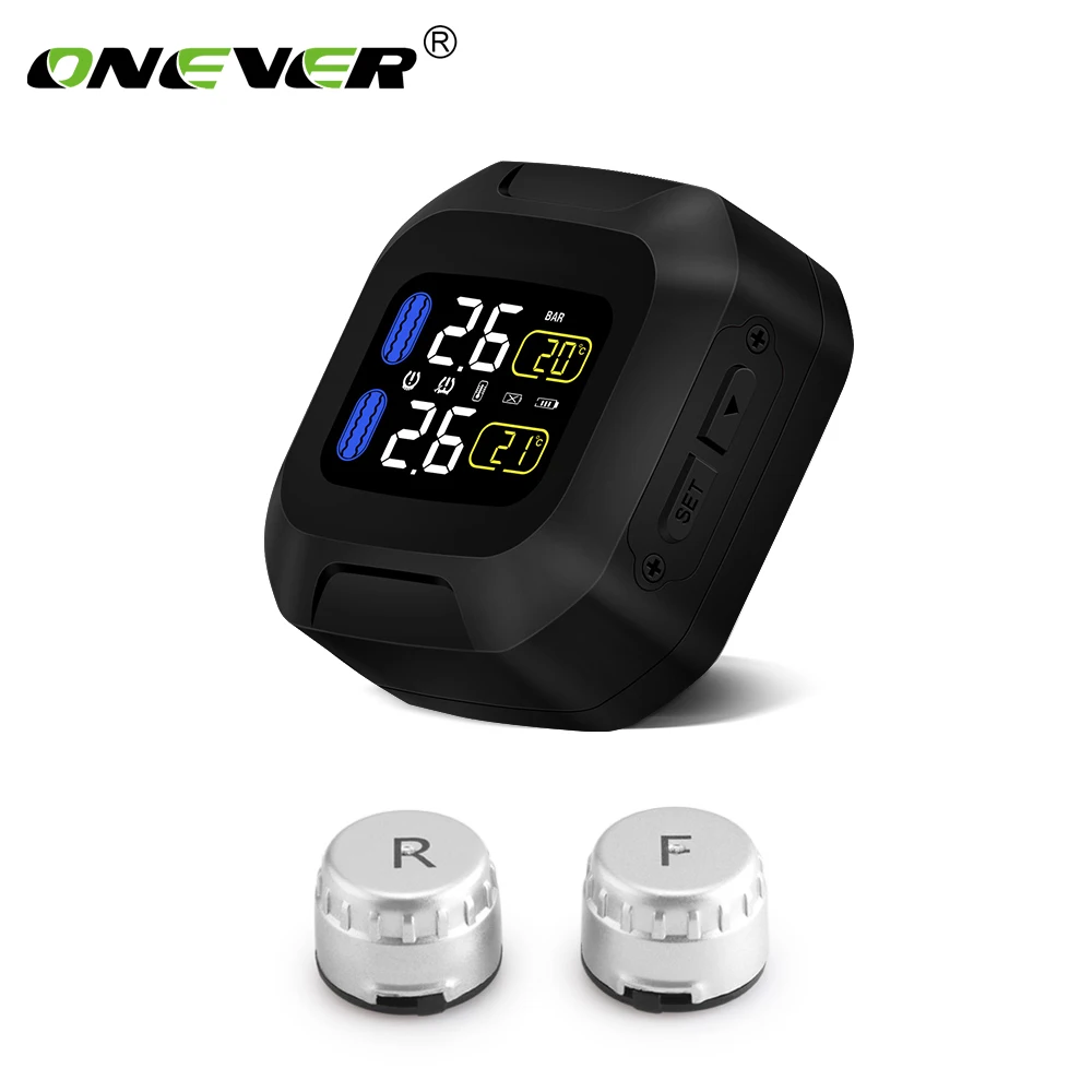 

Onever Wireless Motorcycle TPMS Tire Pressure Monitoring System Motor Tyre Auto Alarm 2 External Sensor LCD Display Moto Tools