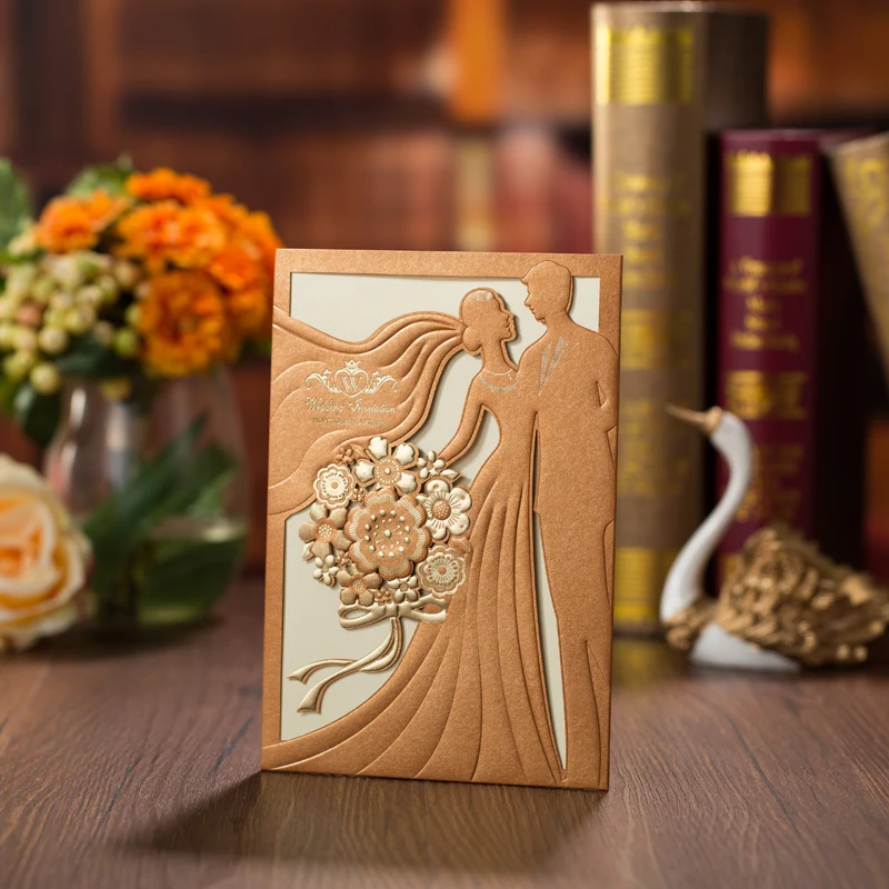  50pcs Red Gold Laser Cut Bride And Groom Wedding Invitations Card Greeting Cards Customization Wedd - 32883987874