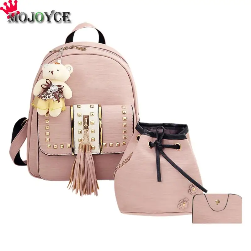 cheap 3Pcs Small Women Backpacks female School Bags For Teenage Girls Black PU Leather Shoulder Bag Purse Knapsack Mochila Feminina
