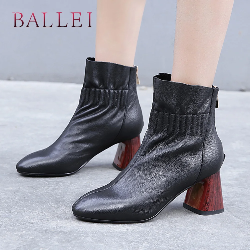 

BALLEI Handmade Woman Ankle Boots Luxury Genuine Leather Retro Round Toe Soft Square Heel Shoes Solid Fashion Pleated Boots B77