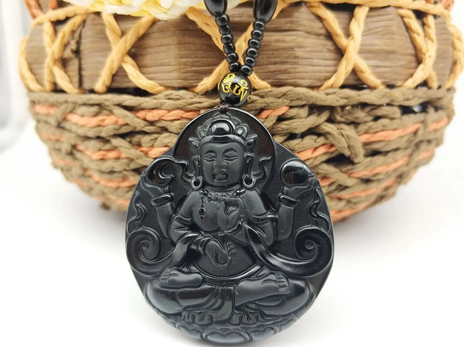 Pure Natural Obsidian Four Arm Guan Yin Kwan-yin Boddhisattva Necklace Pendant