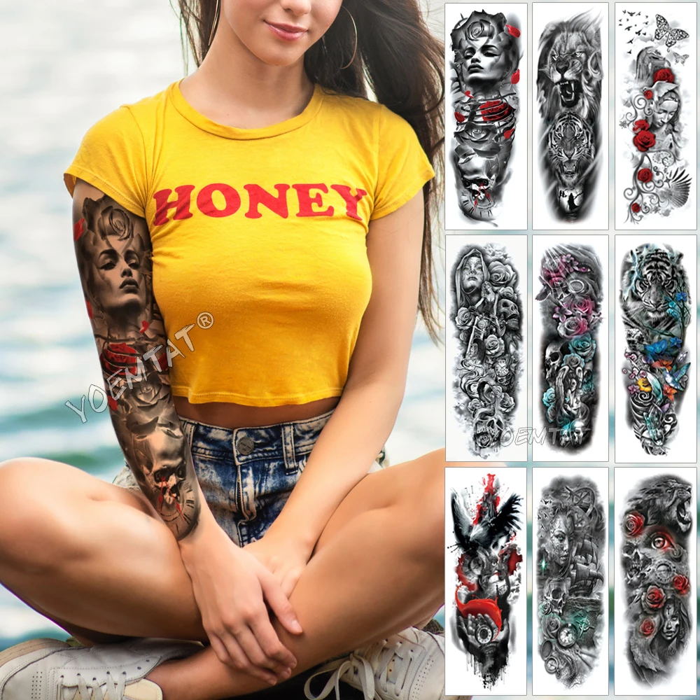

Large Arm Sleeve Tattoo Rose Sternum Clock Waterproof Temporary Tattoo Sticker Red Beauty Girl Full Skull Flower Tatoo Women