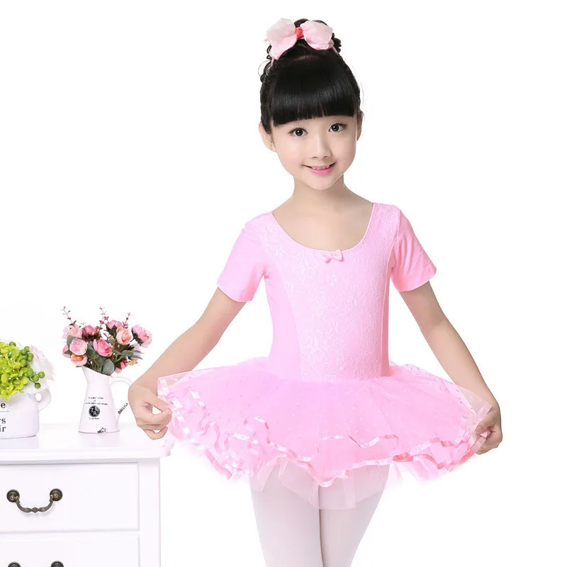 Гимнастический купальник для балерин, платье балетное для девочки, детское Хлопковое платье с длинными рукавами для соревнований, Детские платья для танцев, костюм с юбкой-пачкой - Цвет: Pink Short sleeve