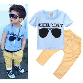 

Hot 2PCS Summer Cool Clothes Outfits Set Toddler Baby Boy Short Sleeve Sunglasses Print T-shirt Tops+Pants Trousers 1-5 Years
