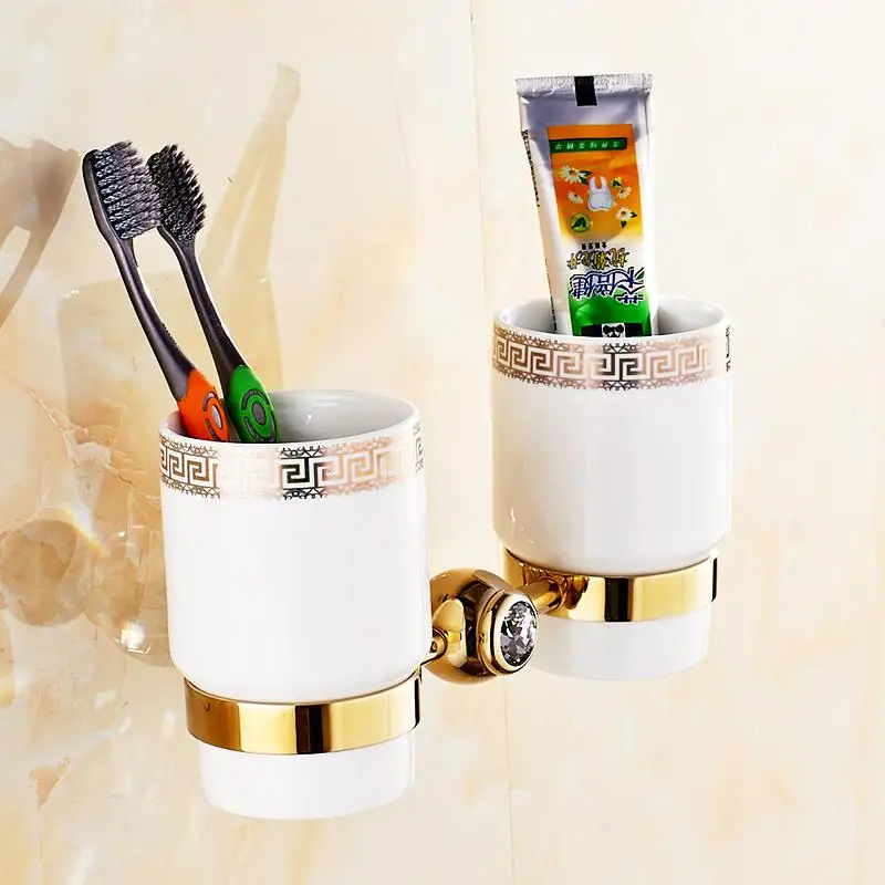 Европейские золотые античные хрустальные аксессуары для ванной комнаты, латунные настенные полированные Товары для ванной комнаты, аксессуары для ванной комнаты - Цвет: Toothbrush Holder 2