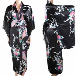 Бесплатная доставка Черный Винтаж японский Для женщин шелковый атлас кимоно юката вечернее платье павлин один размер H0030