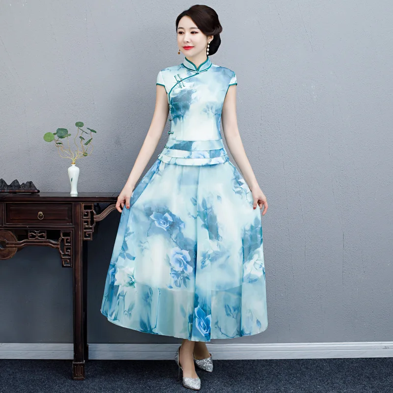 2019 новые женские длинные Cheongsam рубашка юбка комплект летний Традиционный китайский стиль шифон Qipao женские тонкие вечерние платья S-3XL