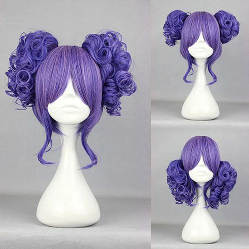 35cm Short Curly Purple Pink Mixed Cosplay Wig With Ponytails