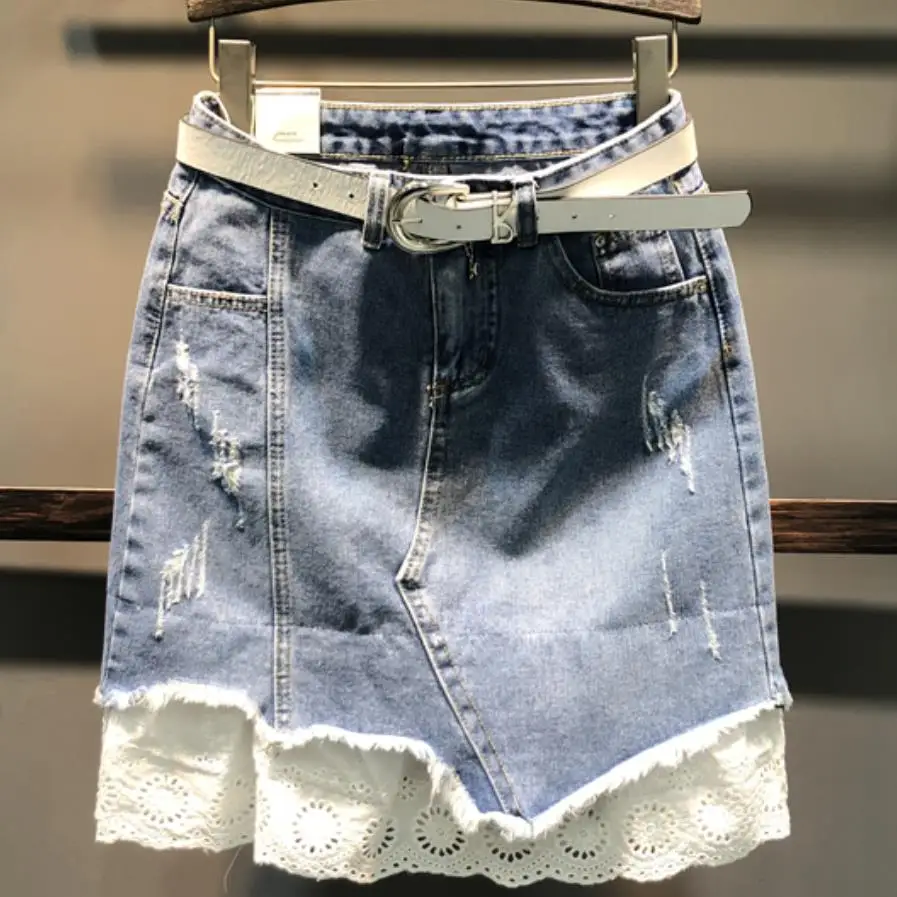 

Denim skirt 2019 summer slim package hip short lace patchwork women jeans skirt plus size 2XL