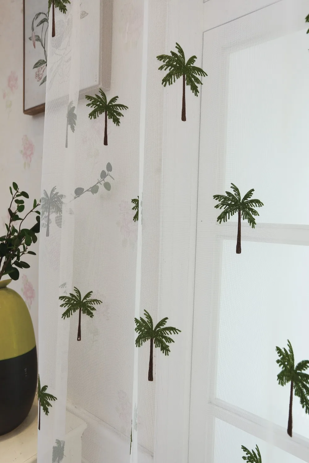 Simple Modern Coconut Tree Screen Embroidery Sheer Voile Window Drapes for Living Room Door Lace Curtains A966 (18)