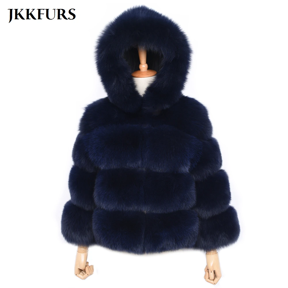 2019 Новый Для женщин натуральным лисьим Меховая куртка с капюшоном Коренастый пальто с карманами подлинный натуральных мех зимние толстые