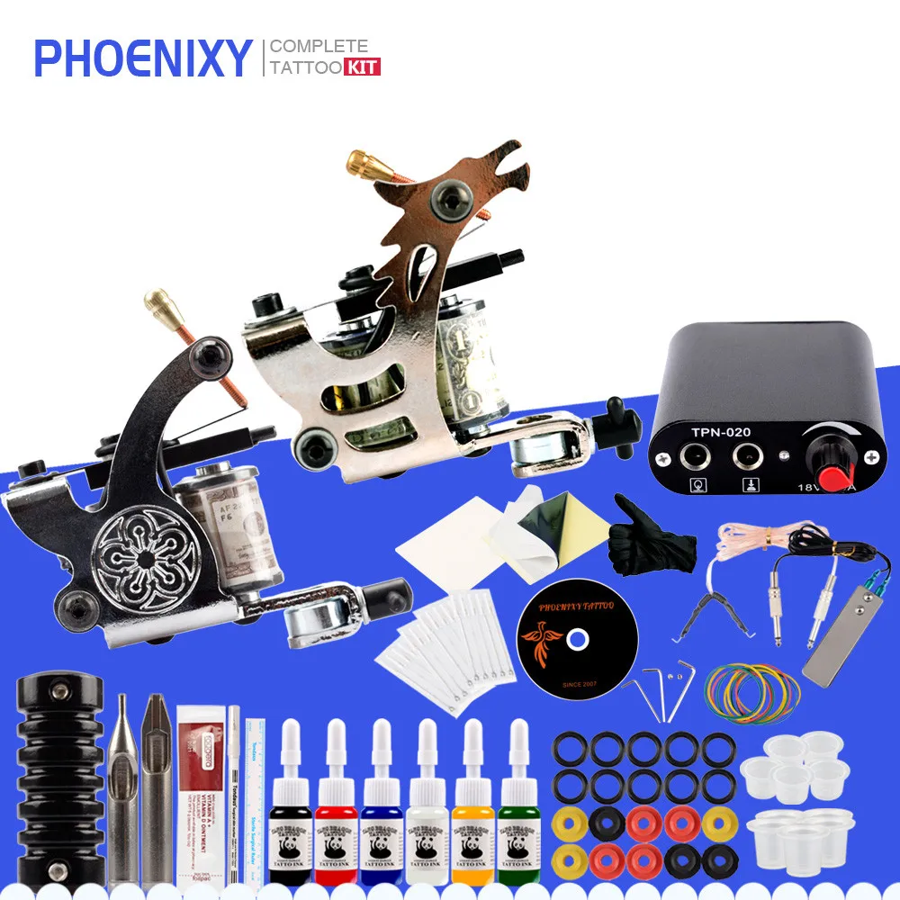 Completed Cheap Tattoo Kit 2 Tattoo Machines Guns Set 6 Color Inks
