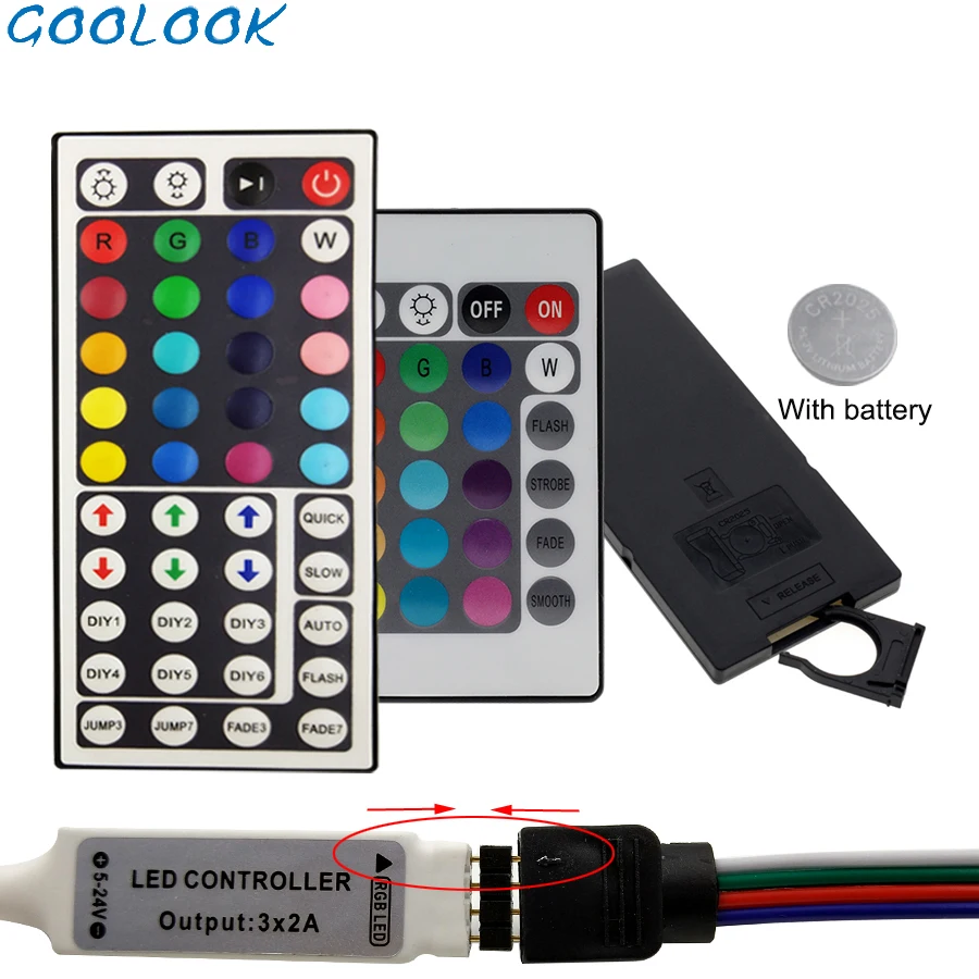 

DC 12V LED Strip Mini Controller Dimmer IR Remote 44 24 keys 1 to 2 Led Controller With Battery For 2835 5050 Led Strip Light
