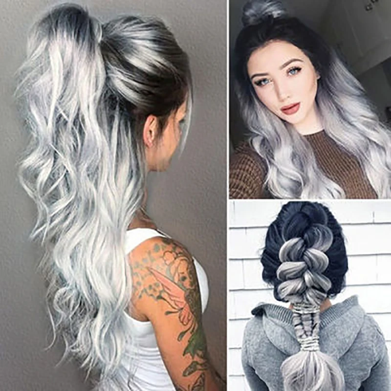 

L Lace Part Handmade Black Ombre Grey Heat Resistant Hair Salon Party Women Daily Makeup Synthetic Lace Front Silver Gray Wigs