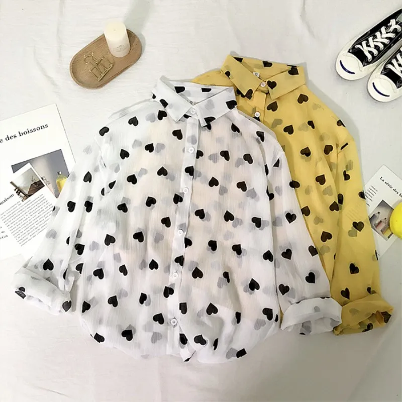 

2019 Oversized Heart Printed Chiffon Shirt Blouse Women High Street Loose Casual Perspective Blouse Shirts Ladies cwa0158-5